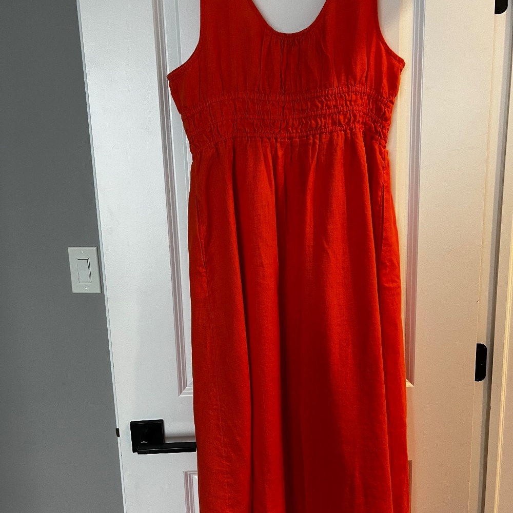 Linen sleeveless ruched waist midi dress